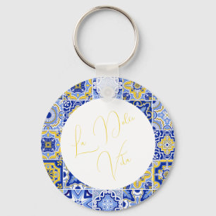 Blue Mediterranean Tile & Citrus Wedding Keychain