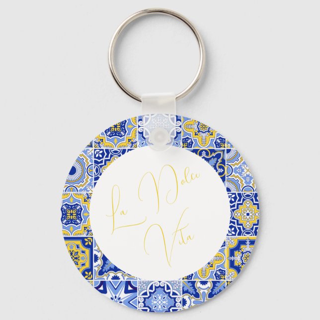 Blue Mediterranean Tile & Citrus Wedding Keychain (Front)