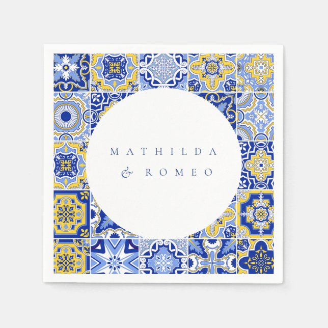 Blue Mediterranean Tile & Citrus Wedding napkins (Front)