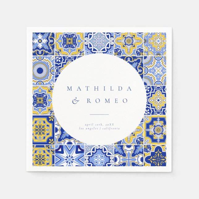 Blue Mediterranean Tile & Citrus Wedding napkins (Front)