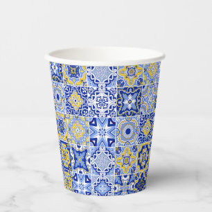 Blue Mediterranean Tile & Citrus Wedding paper cup