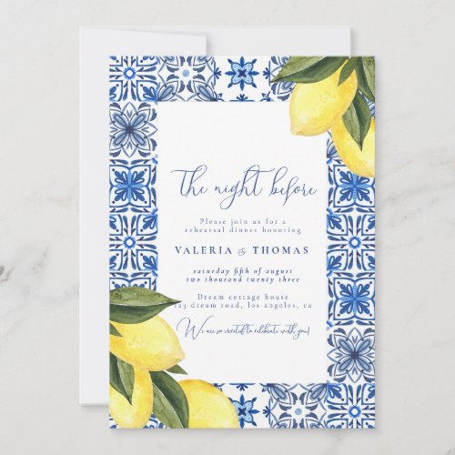 Blue Mediterranean Tile  Citrus Wedding Rehearsal Invitation