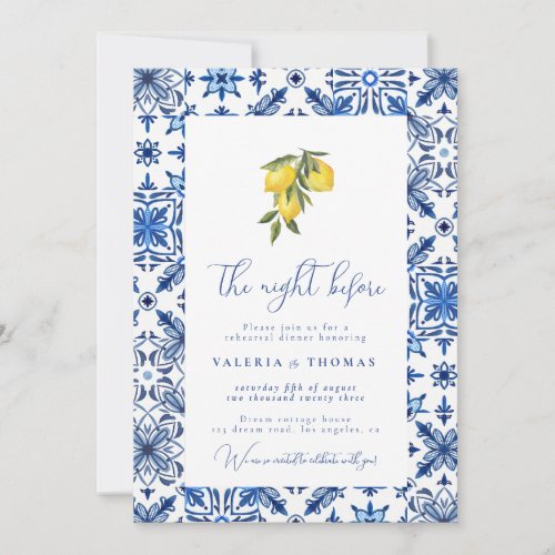 Blue Mediterranean Tile  Citrus Wedding Rehearsal Invitation