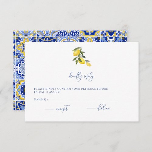 Blue Mediterranean Tile  Citrus Wedding RSVP card