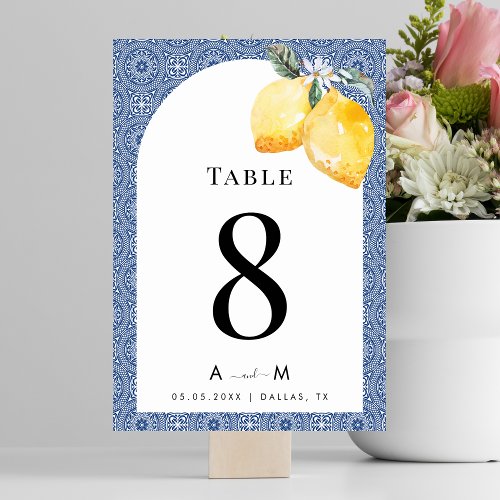 Blue Mediterranean Tile Italian Lemons Wedding Table Number