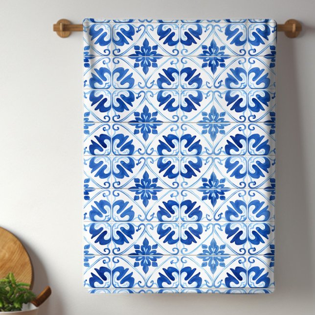 Blue Mediterranean Tile Kitchen Towel (Pretty blue and white Mediterranean tile kitchen towel. )