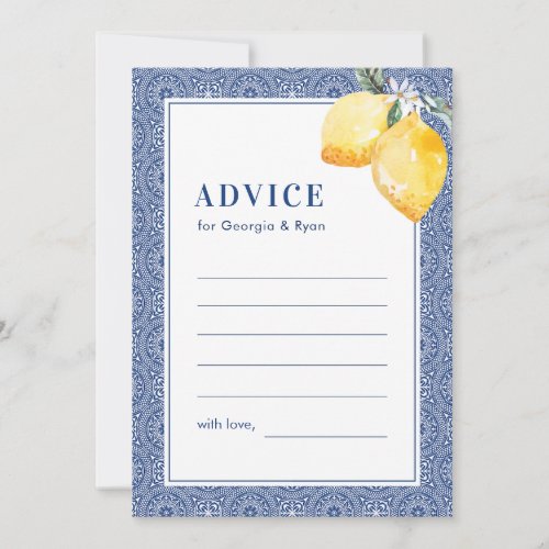 Blue Mediterranean Tile Lemon Amalfi Coast Wedding Advice Card