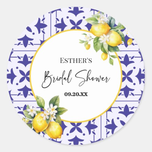 Blue Mediterranean Tile Lemon Bridal Shower  Classic Round Sticker