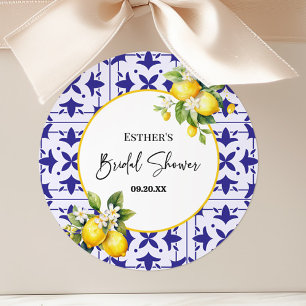 Blue Mediterranean Tile Lemon Bridal Shower Classic Round Sticker