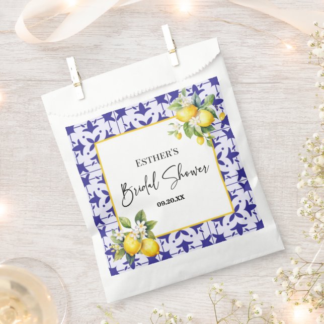 Blue Mediterranean Tile Lemon Bridal Shower  Favor Bag (Clipped)