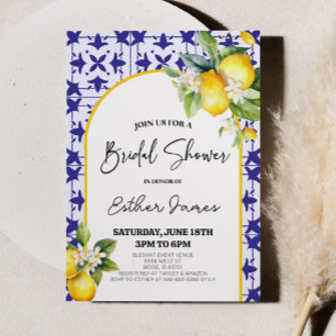 Blue Mediterranean Tile Lemon Bridal Shower Invitation