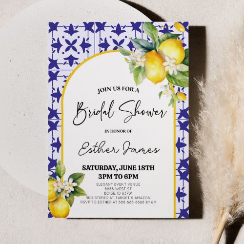 Blue Mediterranean Tile Lemon Bridal Shower Invitation