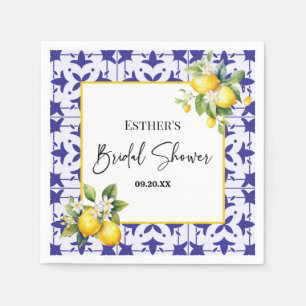 Blue Mediterranean Tile Lemon Bridal Shower Napkins