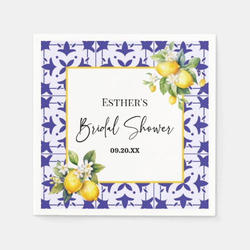 Blue Mediterranean Tile Lemon Bridal Shower  Napkins