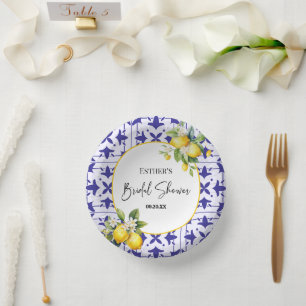 Blue Mediterranean Tile Lemon Bridal Shower Paper Bowls