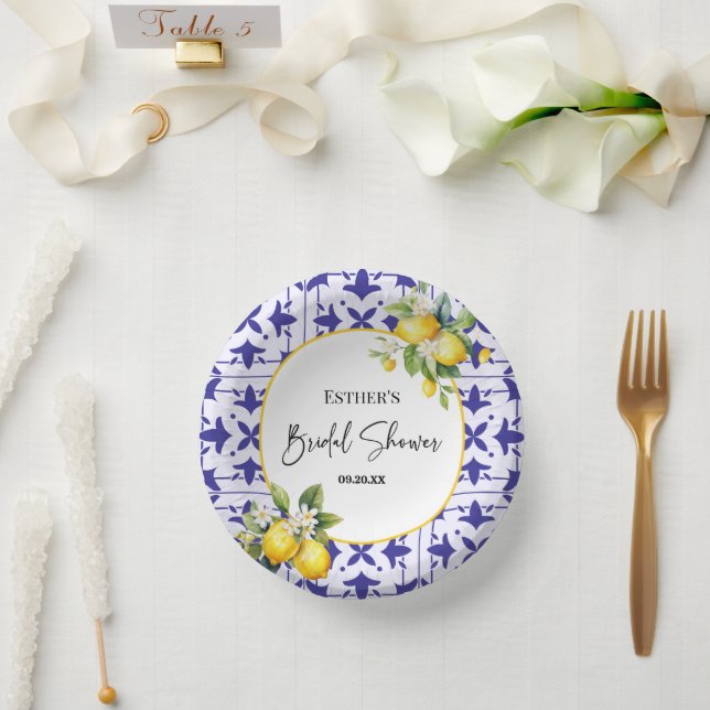 Blue Mediterranean Tile Lemon Bridal Shower  Paper Bowls (Wedding)