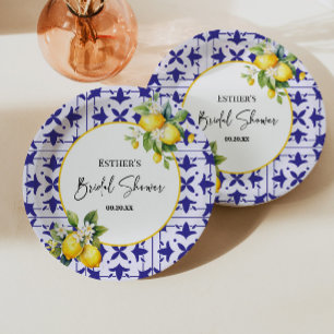 Blue Mediterranean Tile Lemon Bridal Shower  Paper Plates