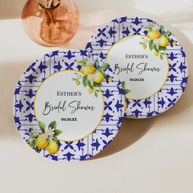 Blue Mediterranean Tile Lemon Bridal Shower  Paper Plates (Creator Uploaded)