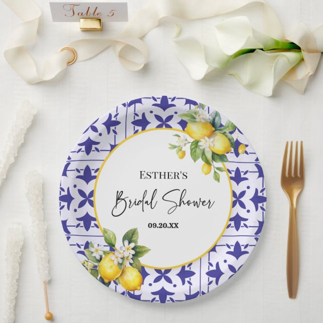 Blue Mediterranean Tile Lemon Bridal Shower  Paper Plates (Wedding)