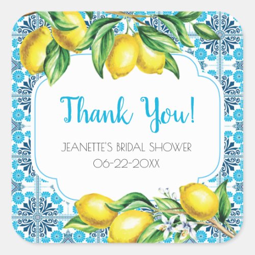 Blue Mediterranean Tile Lemon Bridal Thank You Square Sticker