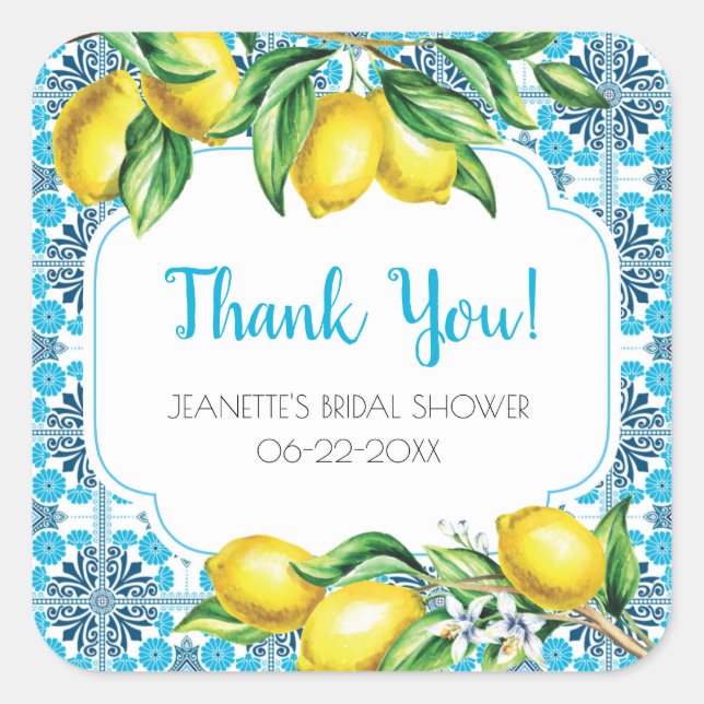 Blue Mediterranean Tile Lemon Bridal Thank You Square Sticker (Front)