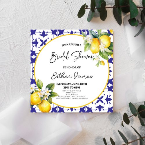 Blue Mediterranean Tile Lemon Floral Bridal Shower Invitation