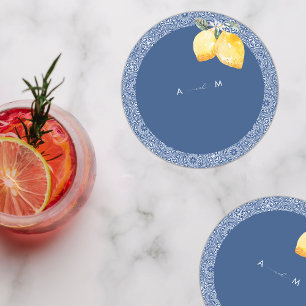 Blue Mediterranean Tile & Lemon Italian Wedding Round Paper Coaster