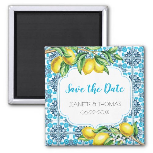 Blue Mediterranean Tile Lemon Save the Date Magnet