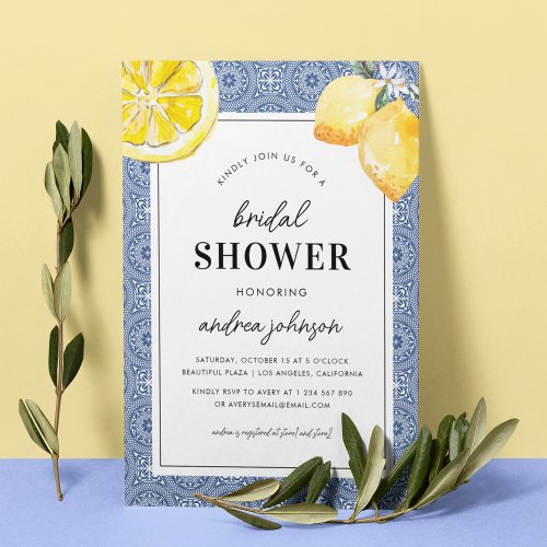 Blue Mediterranean Tile Lemon Simple Bridal Shower Invitation