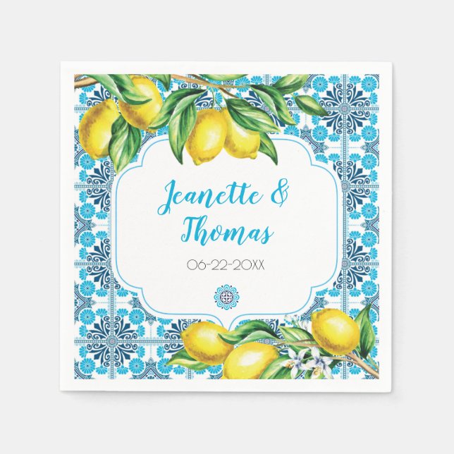 Blue Mediterranean Tile Lemon Special Occasion Napkins (Front)