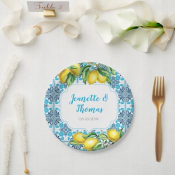 Blue Mediterranean Tile Lemon Special Occasion Paper Plates by starstreamdesign at Zazzle