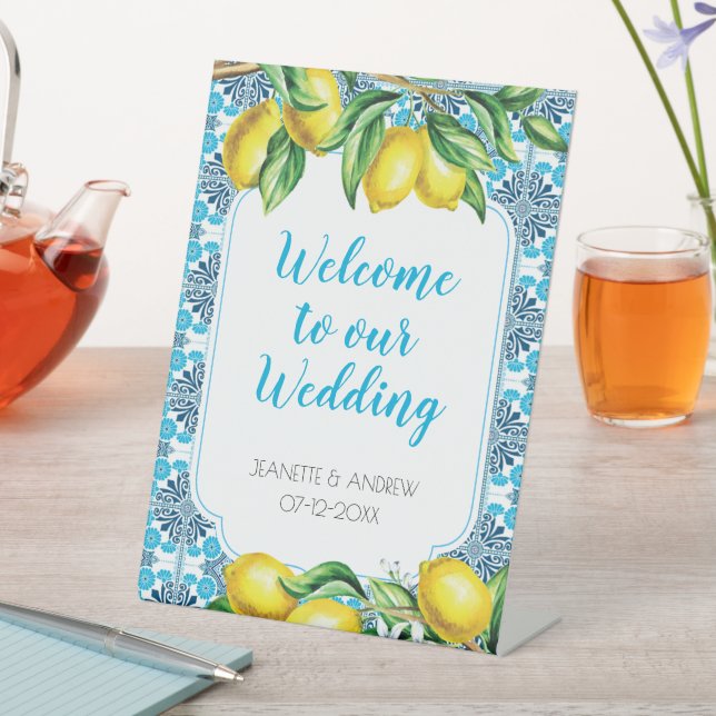 Blue Mediterranean Tile Lemon Special Occasion Pedestal Sign (In SItu)