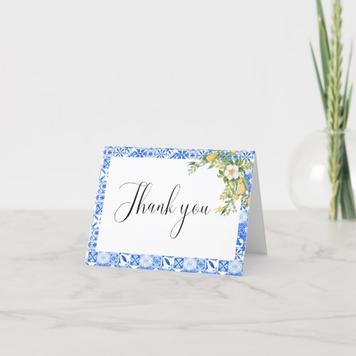 Blue Mediterranean  Tile Lemon Thank Bridal Shower Thank You Card