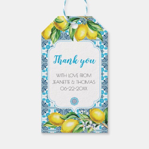 Blue Mediterranean Tile Lemon Thank You Gift Tags