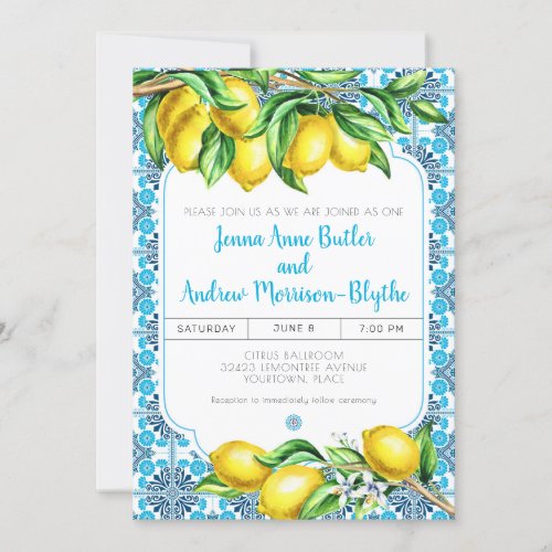 Blue Mediterranean Tile Lemon Wedding Invitation