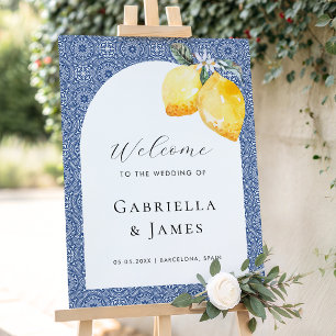 Blue Mediterranean Tile Lemon Wedding Welcome Sign