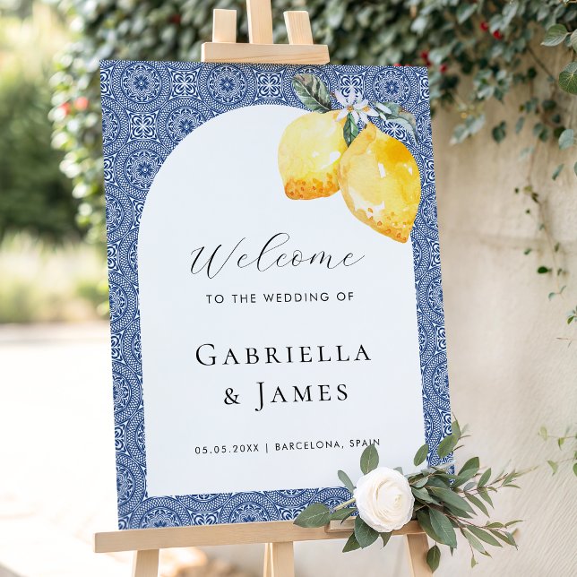 Blue Mediterranean Tile Lemon Wedding Welcome Sign (Creator Uploaded)