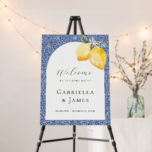 Blue Mediterranean Tile Lemon Wedding Welcome Sign