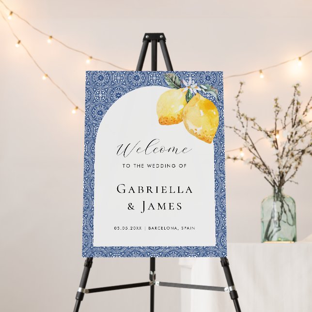 Blue Mediterranean Tile Lemon Wedding Welcome Sign (In Situ (Stand))