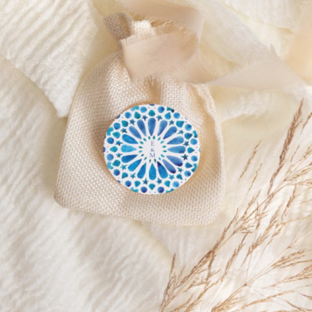 Blue Mediterranean Tile Monogram Classic Round Sticker (Creator Uploaded)