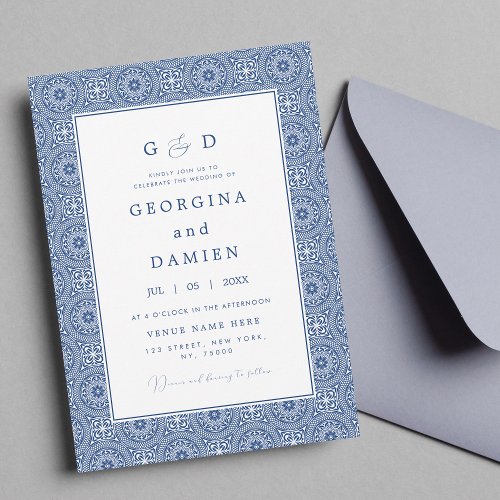 Blue Mediterranean Tile  Photo Elegant Wedding Invitation