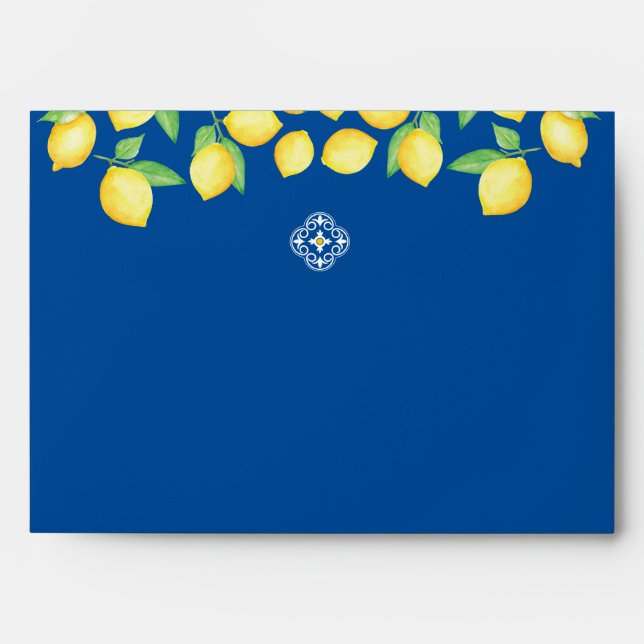 Blue Mediterranean Tile Watercolor Lemon Wedding Envelope (Front)