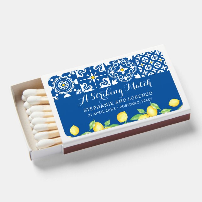 Blue Mediterranean Tile Watercolor Lemons Wedding Matchboxes (Front Open)