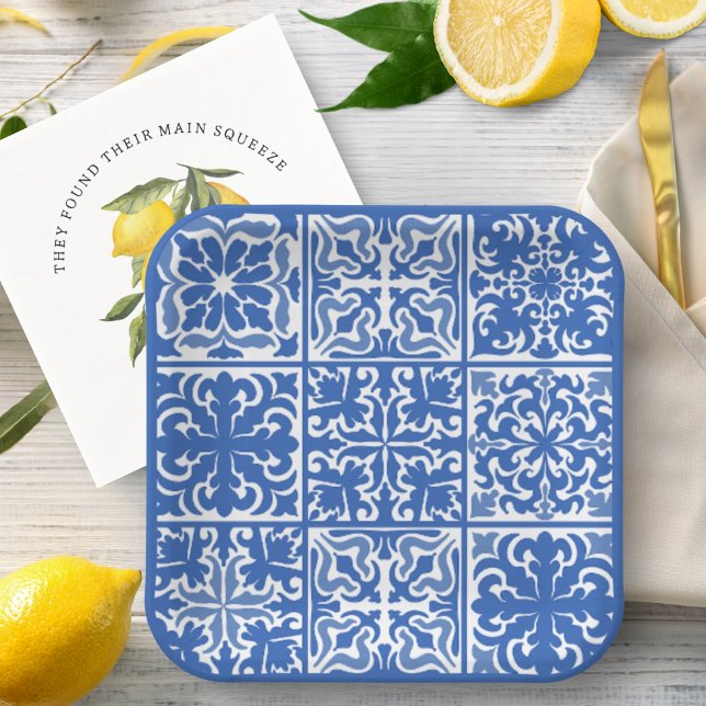 Blue Mediterranean Tile Wedding or Bridal Shower Paper Plates (Creator Uploaded)