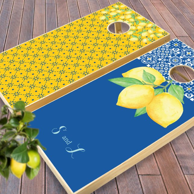 Blue Mediterranean Tile Yellow Lemon Wedding Cornhole Set (Creator Uploaded)