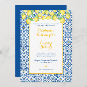 Blue Mediterranean Tile Yellow Lemons Wedding Invitation