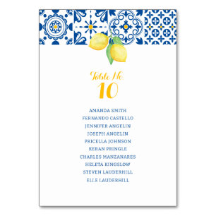 Blue Mediterranean Tile Yellow Lemons Wedding Table Number