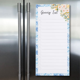 Blue Mediterranean Tiles Floral Grocery Check List Magnetic Notepad