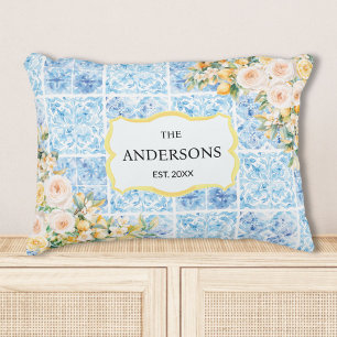 Blue Mediterranean Tiles Flower Lemon Family Name Accent Pillow