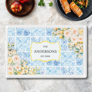 Blue Mediterranean Tiles Flower Lemon Family Name Acrylic Tray